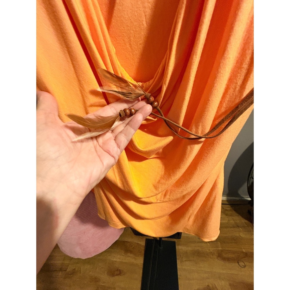 Sky Tangerine Sleeveless BOHO Swoop Neck, Leather Ties with Feathers Shirt Sz S - Picture 5 of 6